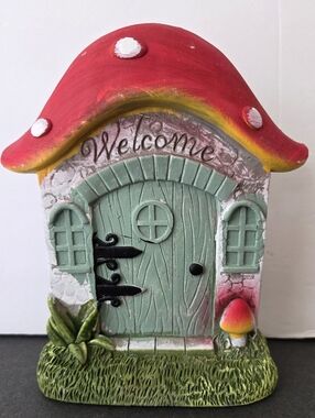 Cement Mushroom Fairy Door Red Toadstool Welcome Sign Garden Decor 5.5”